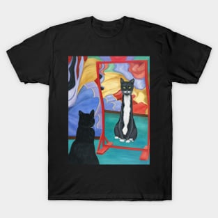 Tuxedo Cat in Fun House Skinny Mirror T-Shirt